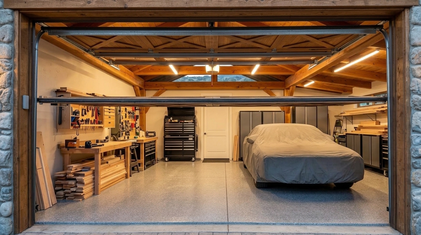 Natomas Garage Door Service Interior View of Custom Garage Door Overhead and Workshop